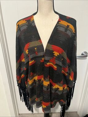 Wrangler Aztec Southwestern Fringe Open Front Knit Shawl Poncho Bohemian